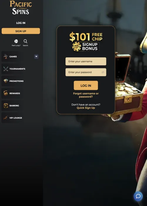 Registrazione rapida giocatore nuovo Pacific Spins Casino